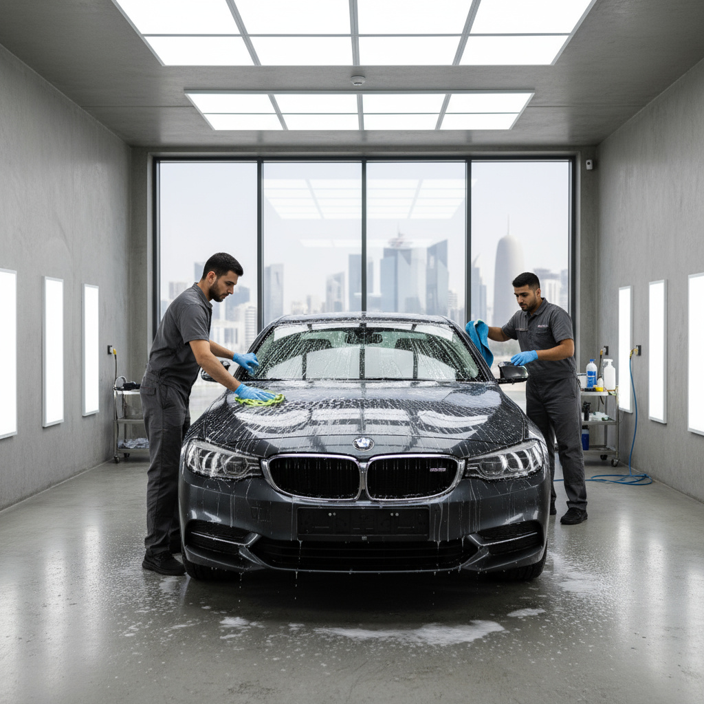 Technician hand washing a sedan in a modern detailing bay
