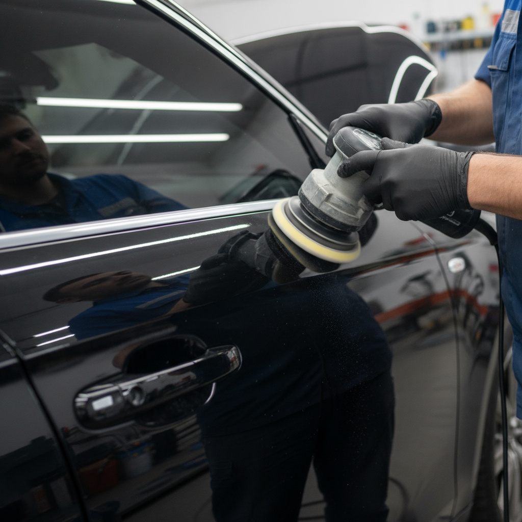 Technician polishing a car panel under inspection lights