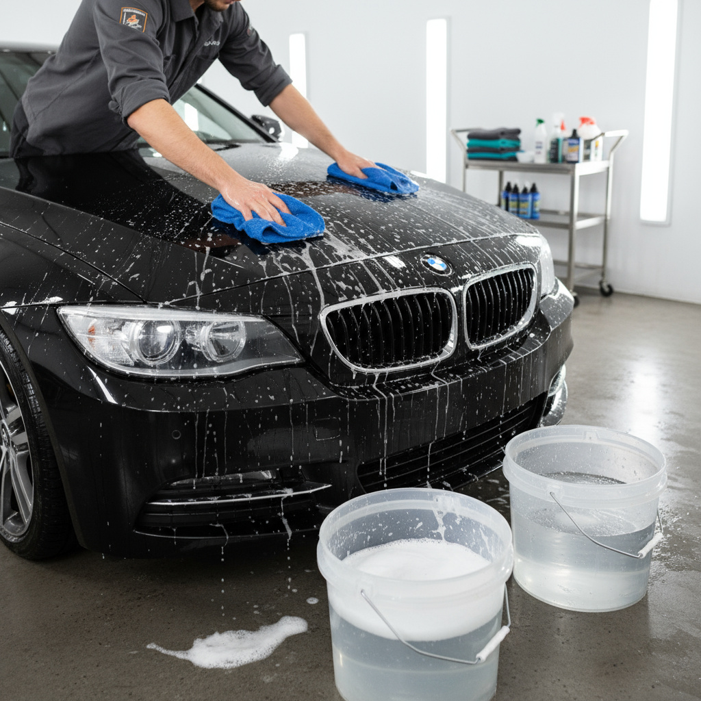 Detailer hand washing a sedan with microfiber mitts